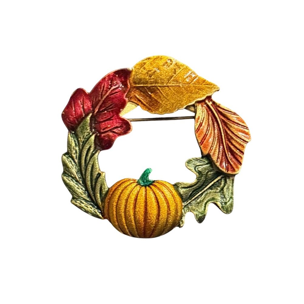 Vintage Fall Harvest Wreath Brooch With Pumpkin & Leaves